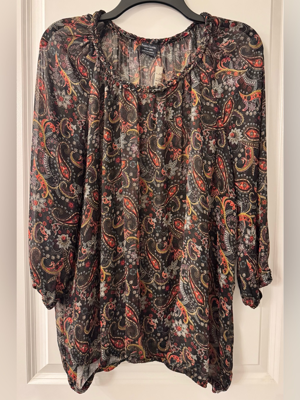 6029  Faded Glory Braided Accent Black Floral Paisley Chiffon Peasant Blouse